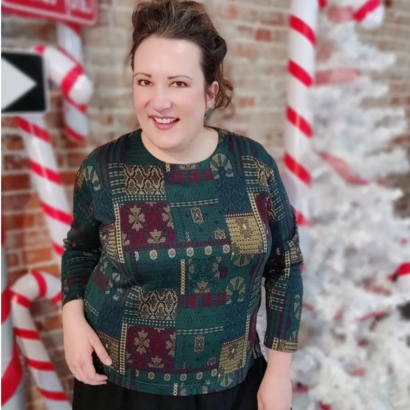 Size XL/1X/2X Vintage BonWorth Green Red Gold Christmas Sweater Tee - Picture 1 of 6